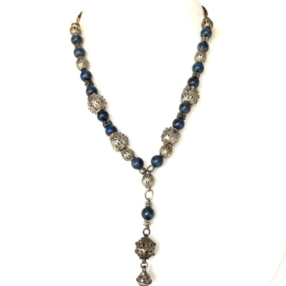 Lapis Lazuli Sterling Silver Beaded Necklace Lariat Brutalist Style